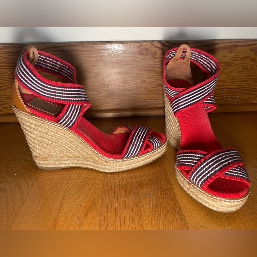Tory Burch Stretch Red/White/Blue Wedge Espadrille